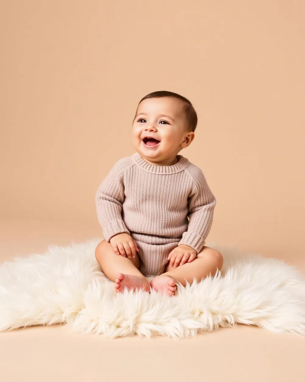 Six-month-old baby in a soft knit beige onesie sitting on a cream fur rug and laughing during a milestone session at AS36 Studio.