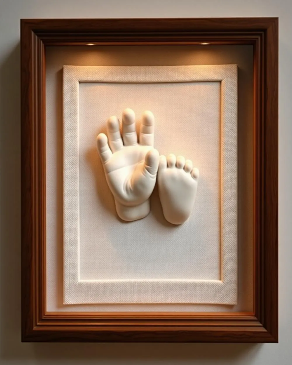 Museum-quality 3D plaster cast of a baby's hand and feet, framed in wood over natural linen backing, made at AS36 Studio.