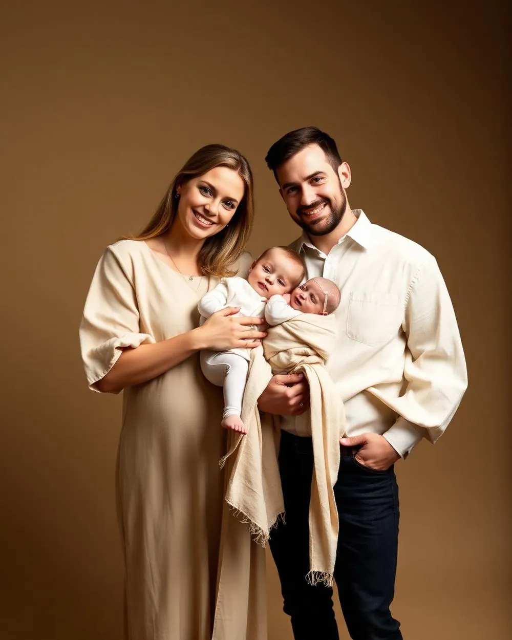 Mother and father in coordinated cream linen outfits holding their newborn baby during a family portrait session at AS36 Studio.