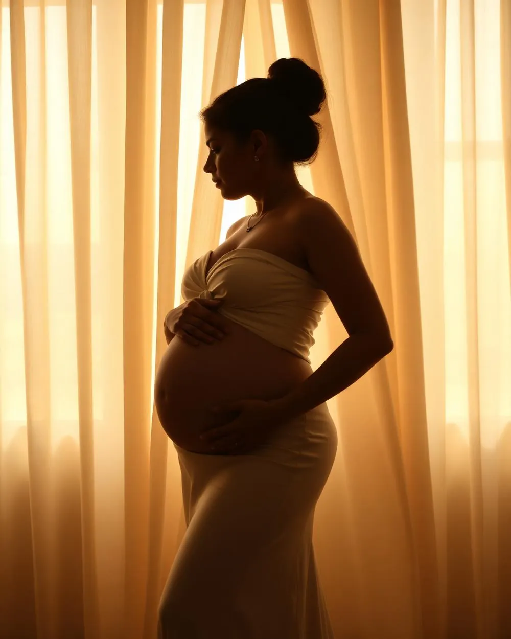 Backlit silhouette of a pregnant woman in an ivory gown standing against sheer golden curtains at AS36 Studio in Dubai.