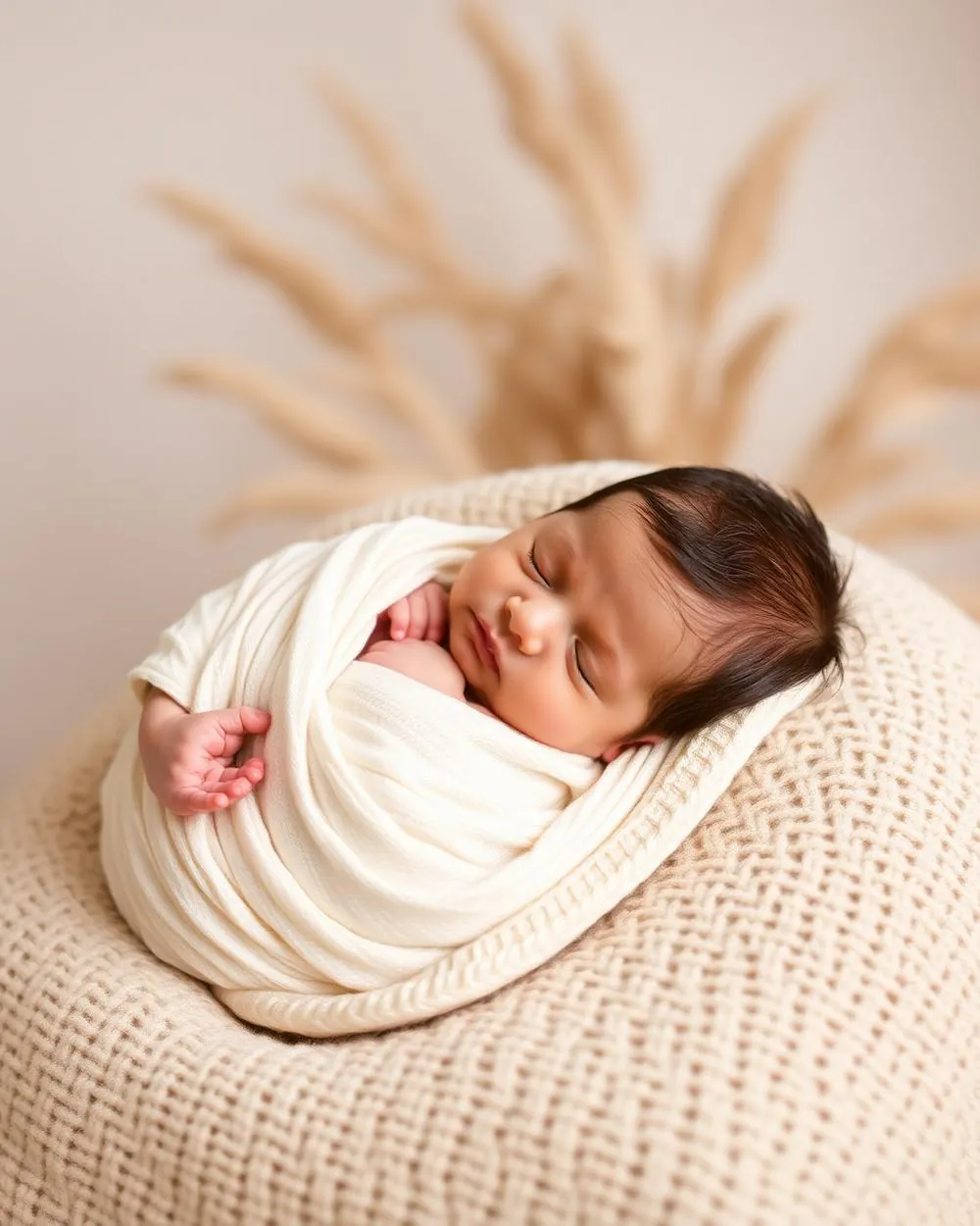 Sleeping newborn baby swaddled in an ivory muslin wrap on a soft cream knit blanket at AS36 Studio.